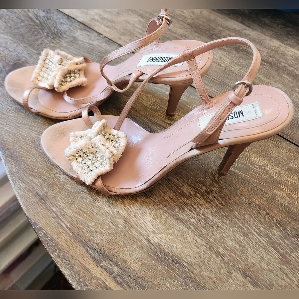 Moschino Pink Satin Slingback Open Toe Heels Rhinestone Rose Cut size 6